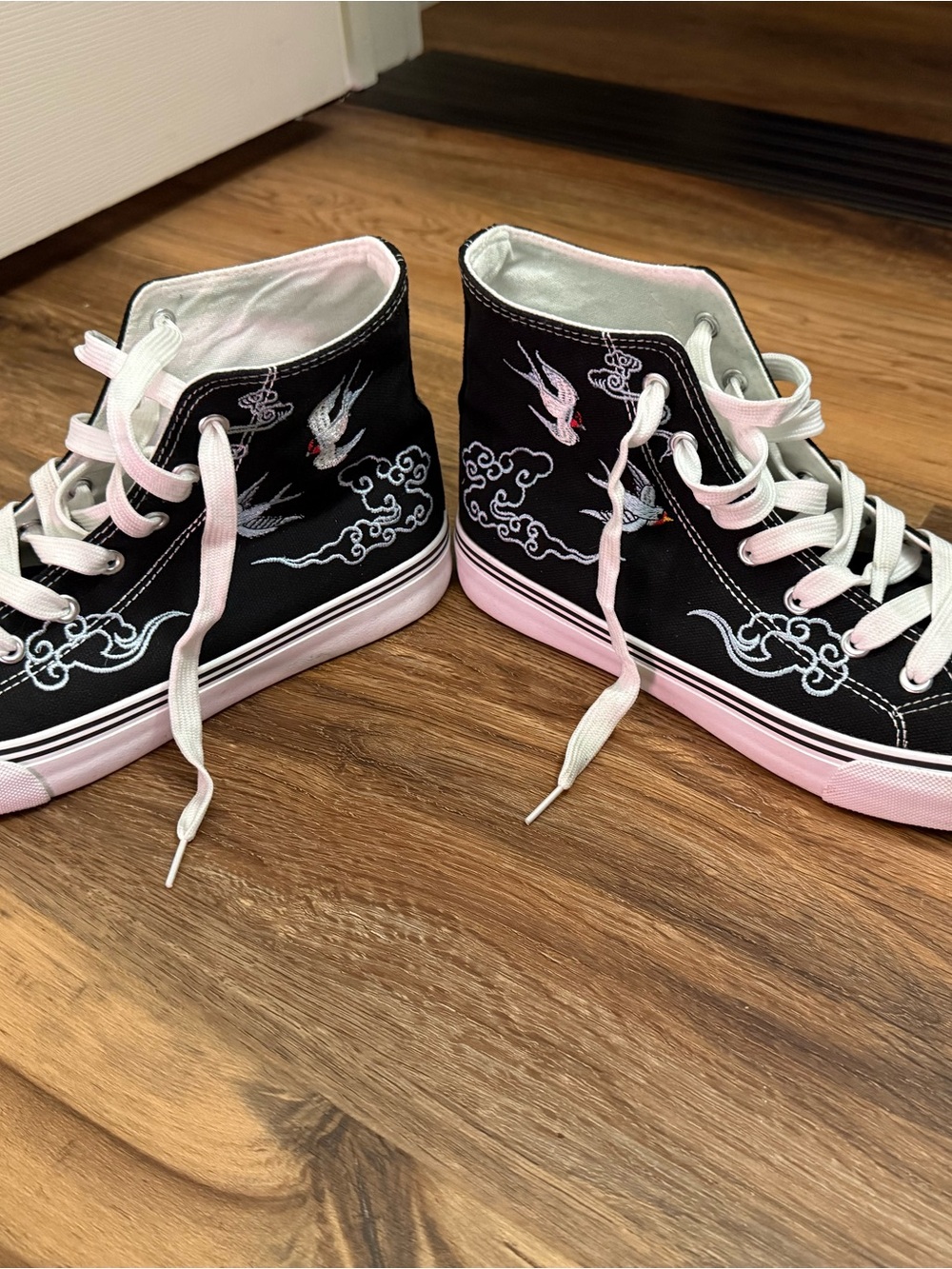 Black & Pink High-Top Canvas Sneakers with Embroidered Swallow Motif